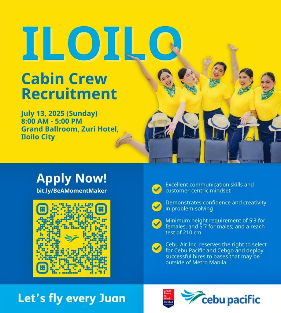 Cebu Pacific Air is hiring in Iloilo for Cabin Crew on July 13, 2025
