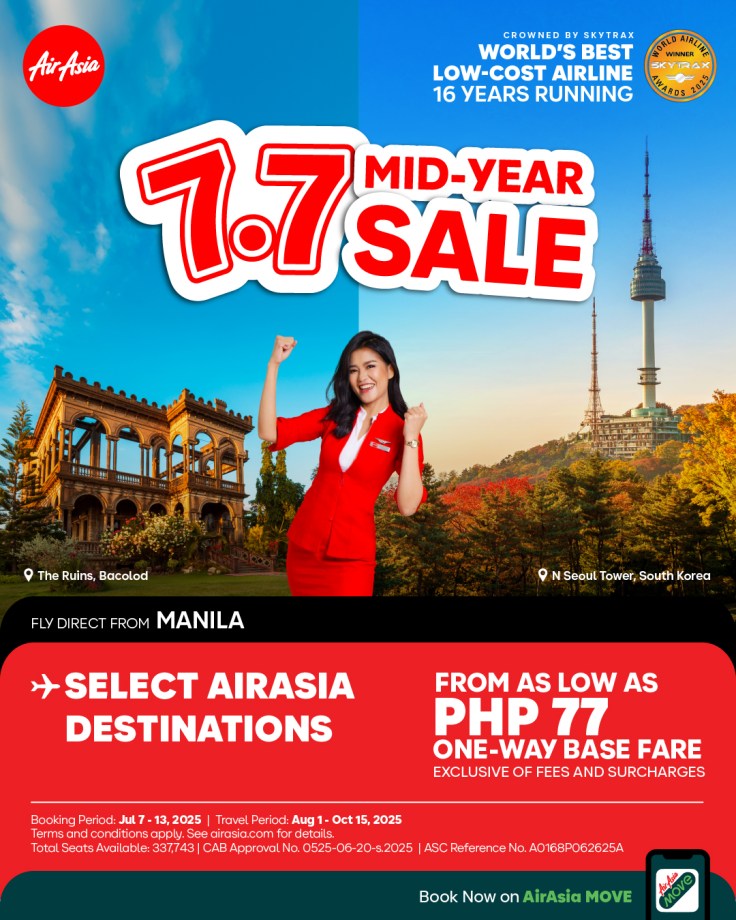 AirAsia Philippines Mid-Year Sale 2025 promo banner with PHP77 base fare and travel dates
