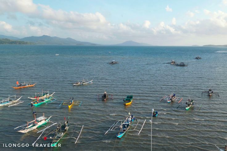 Traditional fishing boats lined up along the coastal waters of Concepcion, Iloilo, Philippines