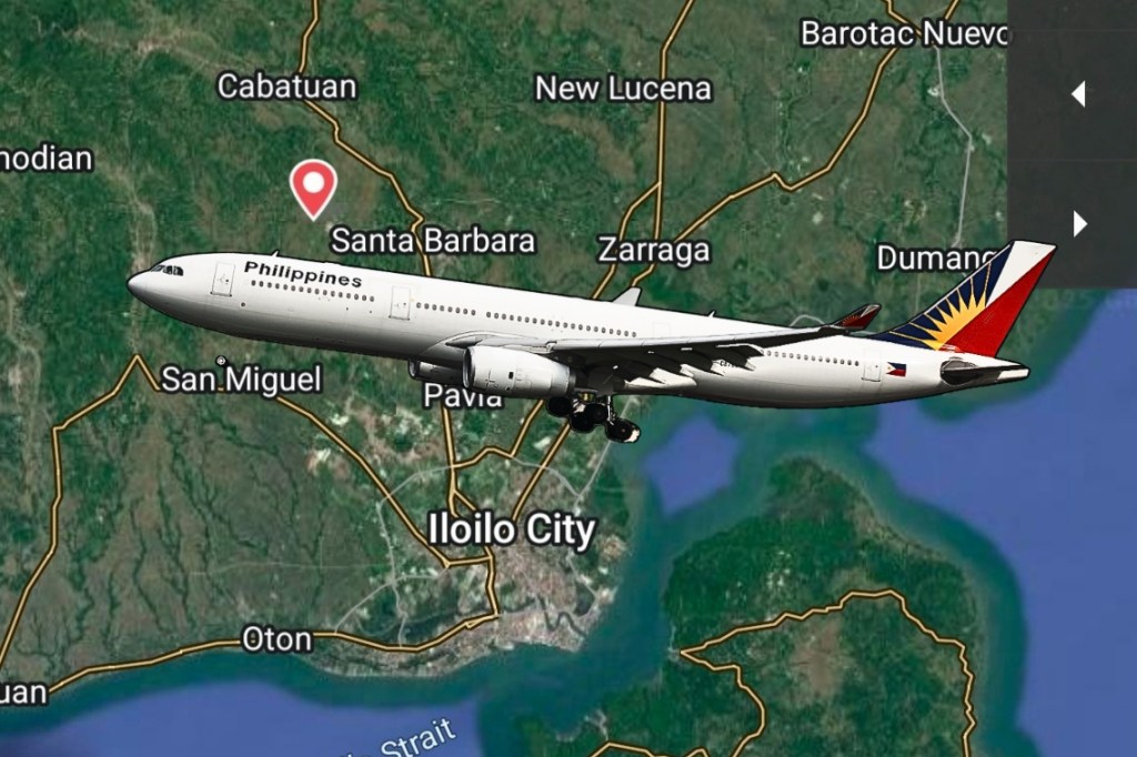Widebody Airbus A330 on tarmac with Iloilo skyline text overlay — Philippine Airlines A330 service to Iloilo announced for Dec 8, 2025–Mar 28, 2026.